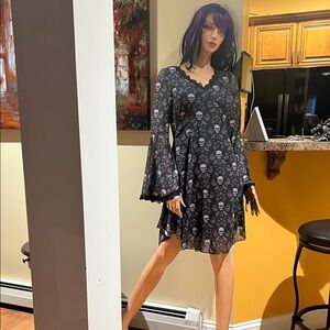 Gothic goth Skull Print Black Dress S with bell sleeves nwt